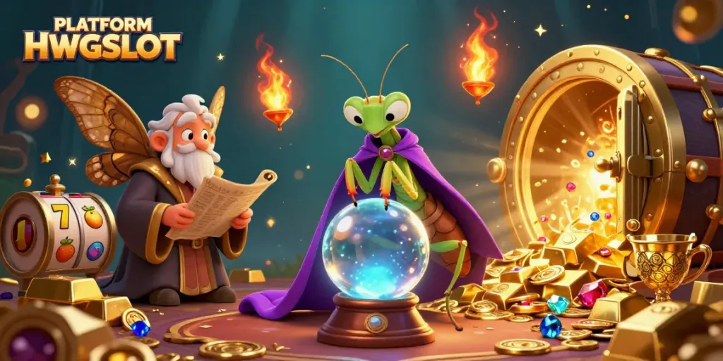 Engage with the PLATFORM HWGSLOT with a magical scene featuring characters and casino elements.
