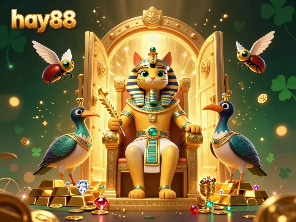 Experience the vibrant energy of hay88 with a golden throne scene featuring a royal cat and treasures.
