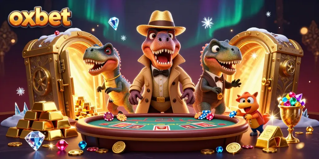 oxbet casino features a velociraptor card counter sneaking at a blackjack table amidst treasures