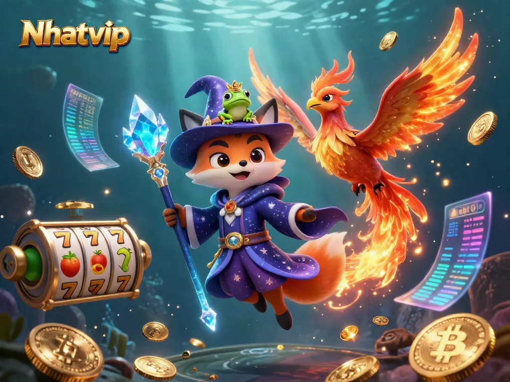 Nhatvip gamely spins slot reels with a wizard fox and phoenix, showcasing a captivating casino scene.
