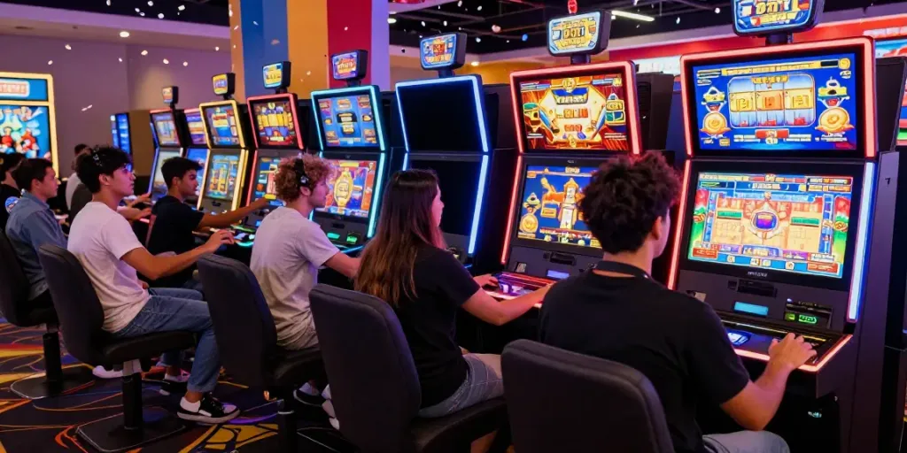 Players enjoying a lively slot777 gaming experience in a vibrant casino atmosphere.