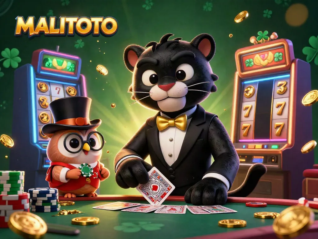 MALITOTO features a stylish black panther dealing cards at a vibrant slots table with golden details.