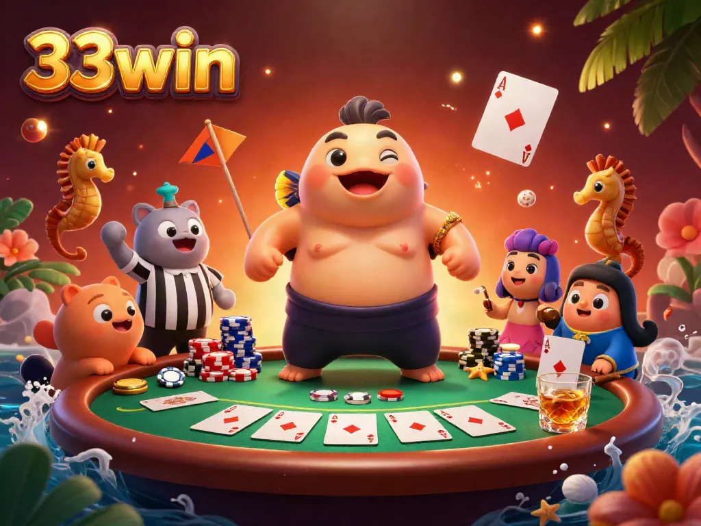 Engaging scene showcasing 33win's underwater poker game with vibrant characters and dynamic elements