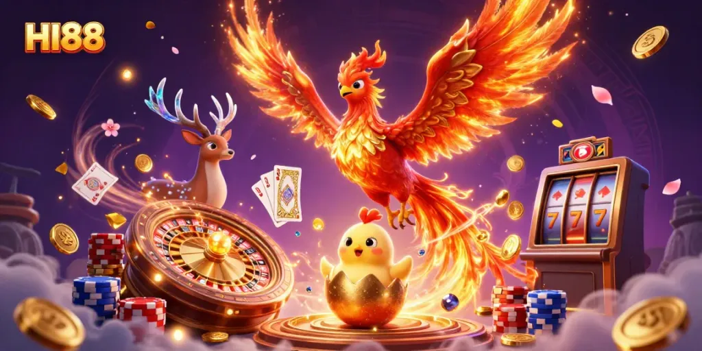 Experience the thrill of HI88 with vibrant casino elements, golden coins, and dynamic characters.