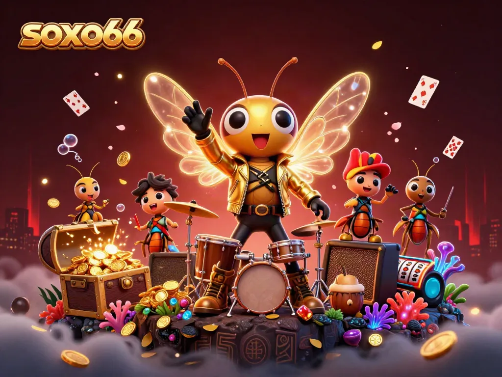 Join the vibrant action at soxo66 with a 3D cartoon cicada rock star and gaming symbols in a lively casino scene.