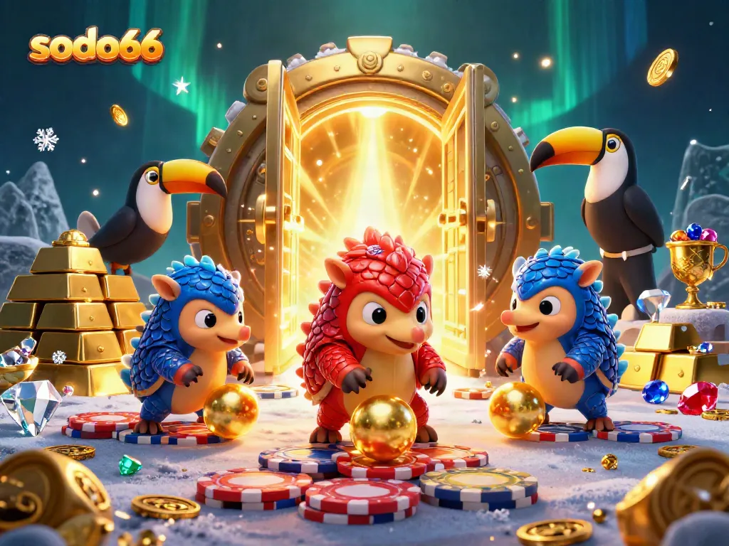Sodo66 pangolins compete in a vibrant casino scene, rolling poker chips and celebrating wins.