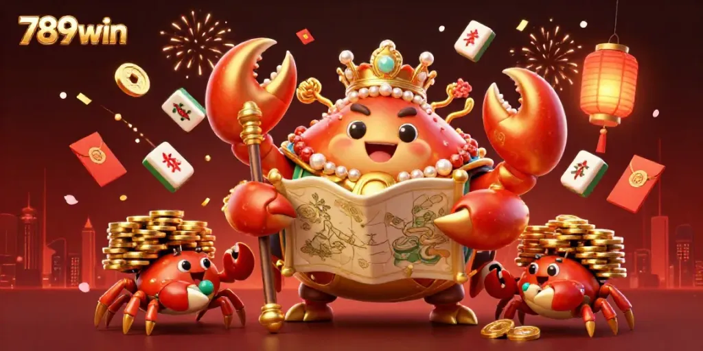 Engage in thrilling adventures with 789win, featuring a golden crab emperor and vibrant casino elements.