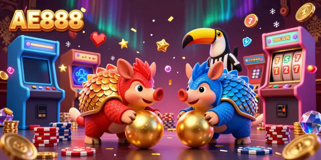 Experience the thrill of AE888 with pangolins bowling through poker chips in this vibrant casino scene.