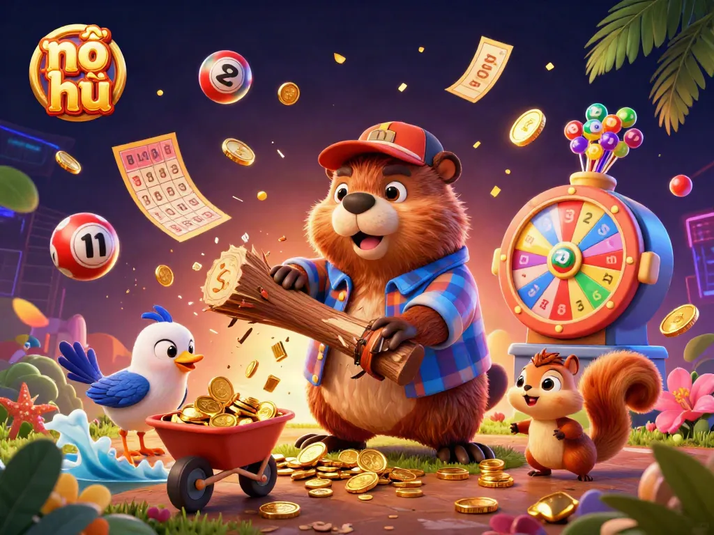Nổ hũ action scene depicting characters collecting coins, showcasing vibrant gambling elements.