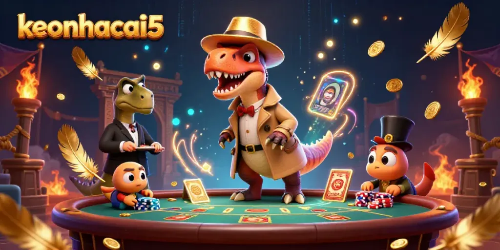 Engage in thrilling gaming action as keonhacai5's velociraptor card counter tries to blend in at the blackjack table, amid swirling casino elements.