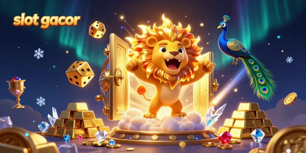 Slot gacor ditampilkan dengan kombinasi karakter kucing emas dan elemen kasino, memancarkan keceriaan dan keberuntungan.