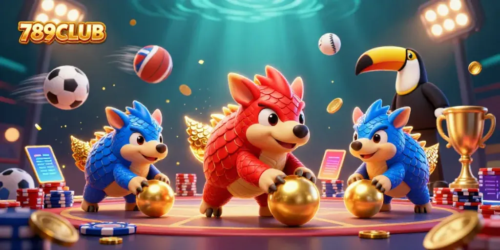 Engage in thrilling gameplay at 789CLUB with vibrant pangolin characters rolling golden balls amid poker chips.