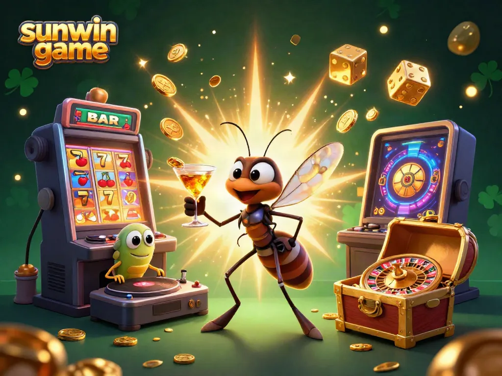 Engage with the vibrant sunwin game scene, featuring unique casino characters surrounded by explosive jackpot elements.