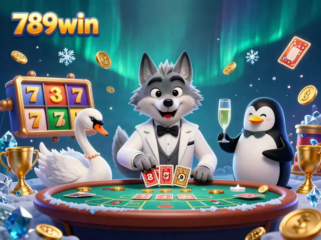 Engage in thrilling gameplay with 789win's dynamic casino scene featuring a debonair wolf, elegant swan, and sophisticated penguin.