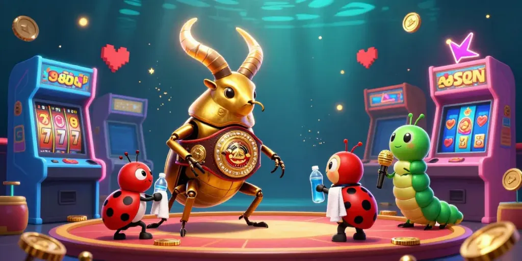 Experience the excitement of 98WIN with a dynamic 3D casino illustration featuring a golden stag beetle boxing champion.