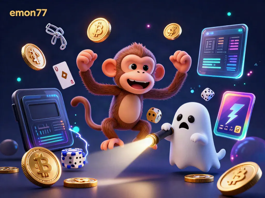 Experience emon77's dazzling haunted casino with a playful ghost monkey juggling gold.