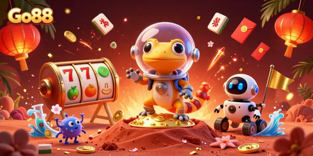 Join the fun at Go88 with a Martian gecko discovering a golden casino amidst vibrant slots and festive symbols.