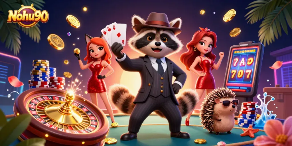 Nohu90 showcases a 3D scene featuring vibrant casino characters preparing for an exciting gaming adventure with a royal flush.