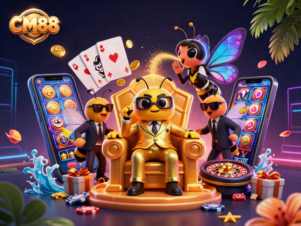 Play thrilling games at CM88 Casino with an animated scene of a bumblebee mob boss and gaming elements.