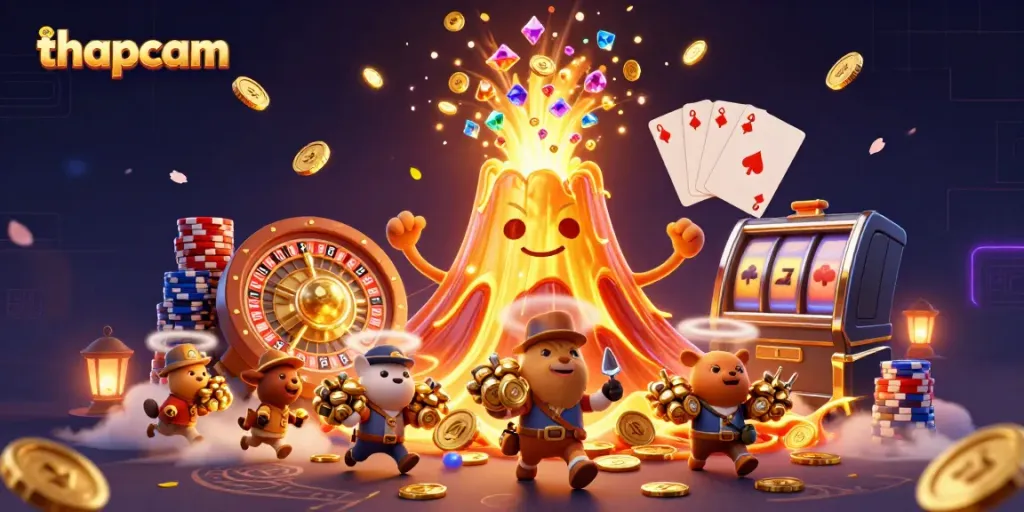 Experience thrilling gambling action with thapcam as golden treasures erupt, surrounded by dynamic casino elements.
