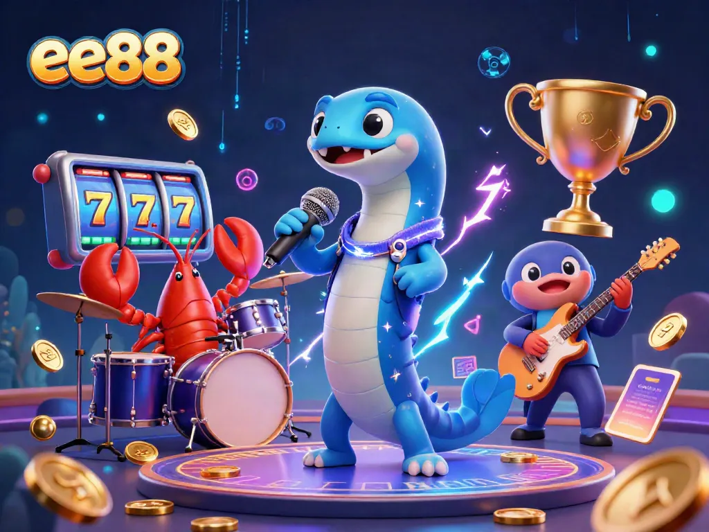 See the energetic eel DJ at the ee88 underwater casino surrounded by casino elements and vibrant characters!