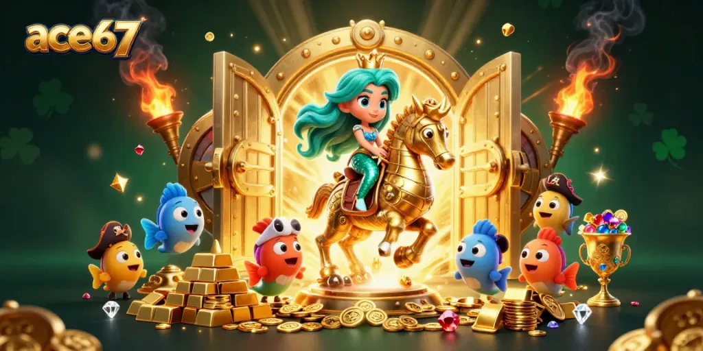 Experience exhilarating wins with ace67's vibrant casino gaming scene featuring a cartoon mermaid and golden treasures.
