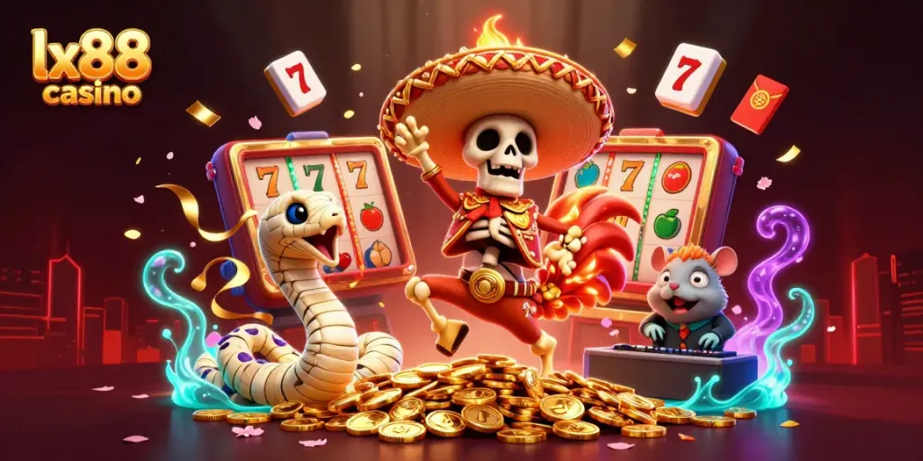 Experience excitement at lx88 casino with a vibrant scene featuring animated characters celebrating among golden coins and playful elements.