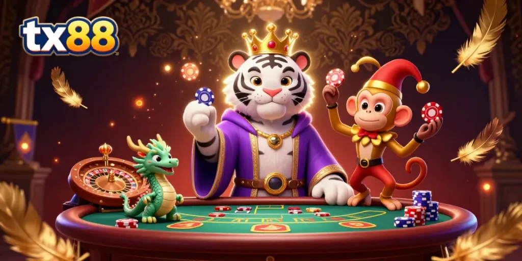 Experience thrilling moments with tx88 in a vibrant live casino scene featuring a royal tiger and playful monkey.