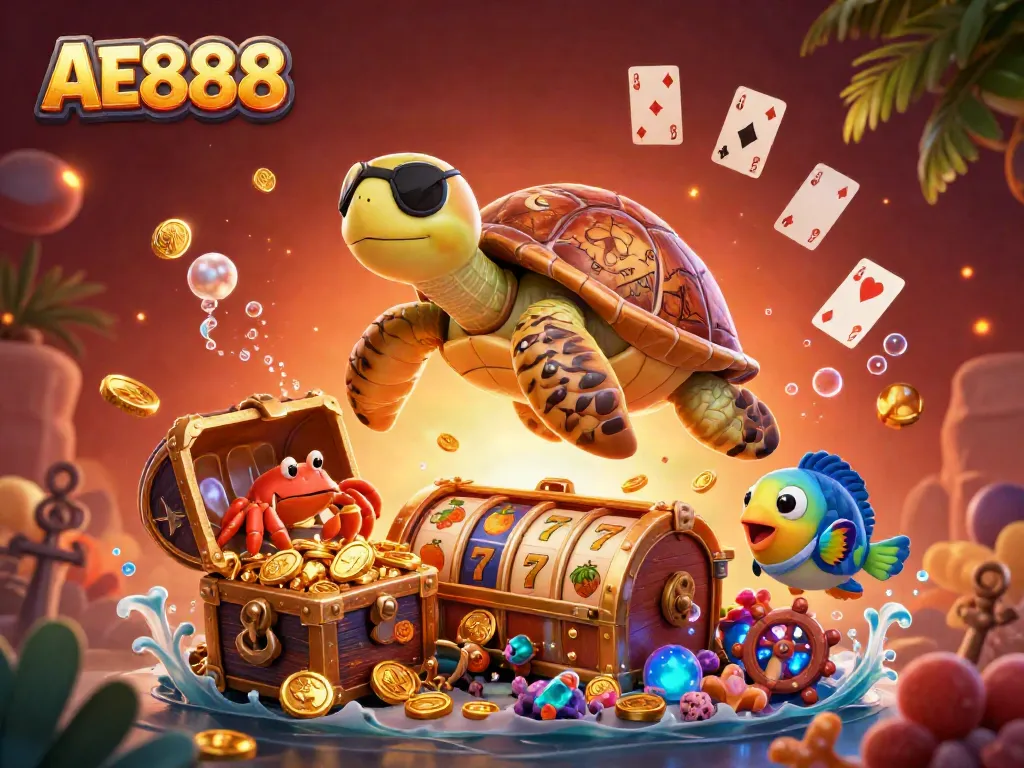 Engage with AE888's exciting casino experience featuring a vibrant underwater treasure scene.