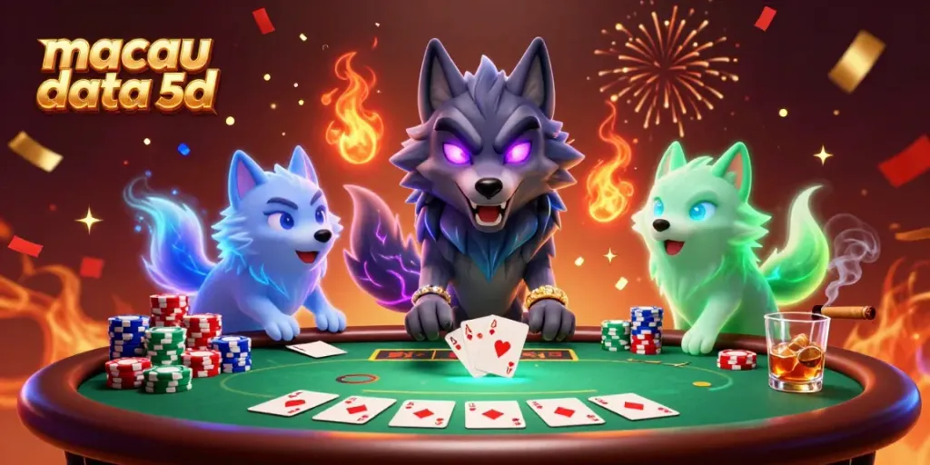 Hasil keluaran data 5D Macau yang menampilkan serigala utama dan karakter gaib dalam suasana permainan poker.