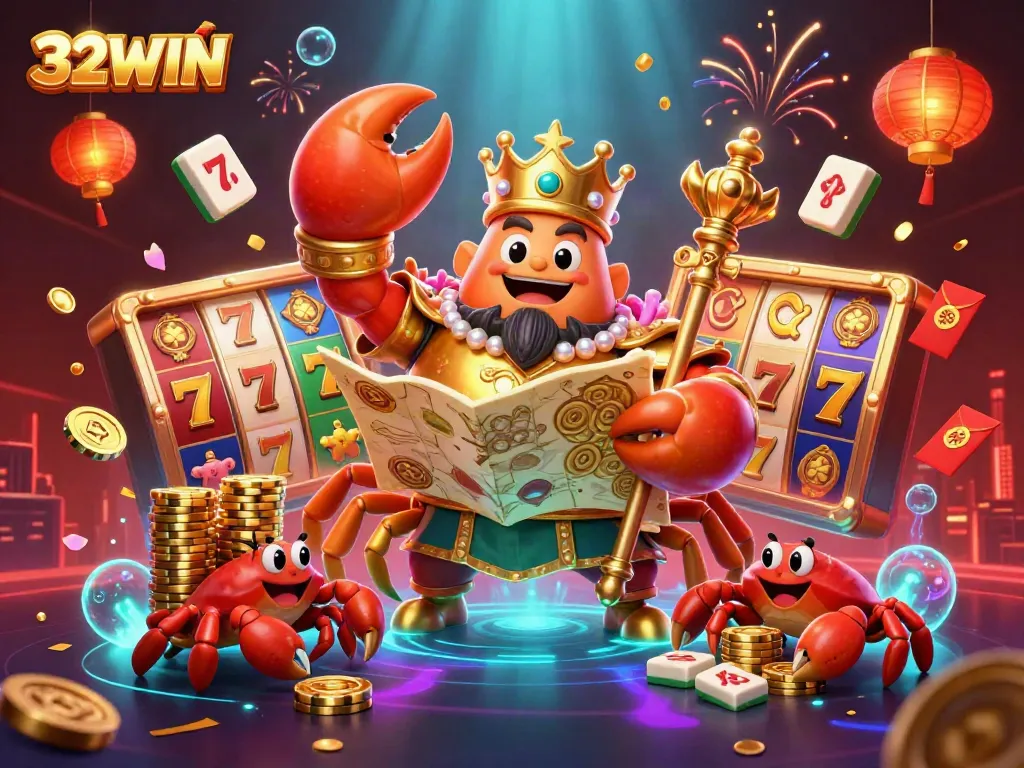 Engage in thrilling gameplay with 32WIN, featuring a majestic crab emperor amidst vibrant casino elements.