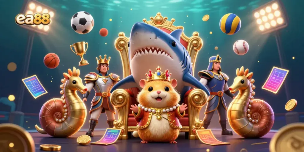 Experience the thrill of gaming with ea88, represented by a golden hamster king and dynamic sports elements in an enchanting underwater realm.