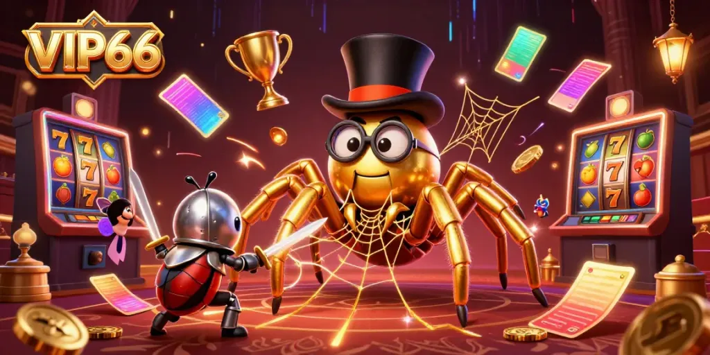 Experience the excitement of VIP66 with a whimsical scene featuring a golden tarantula and a brave beetle knight in a vibrant casino.