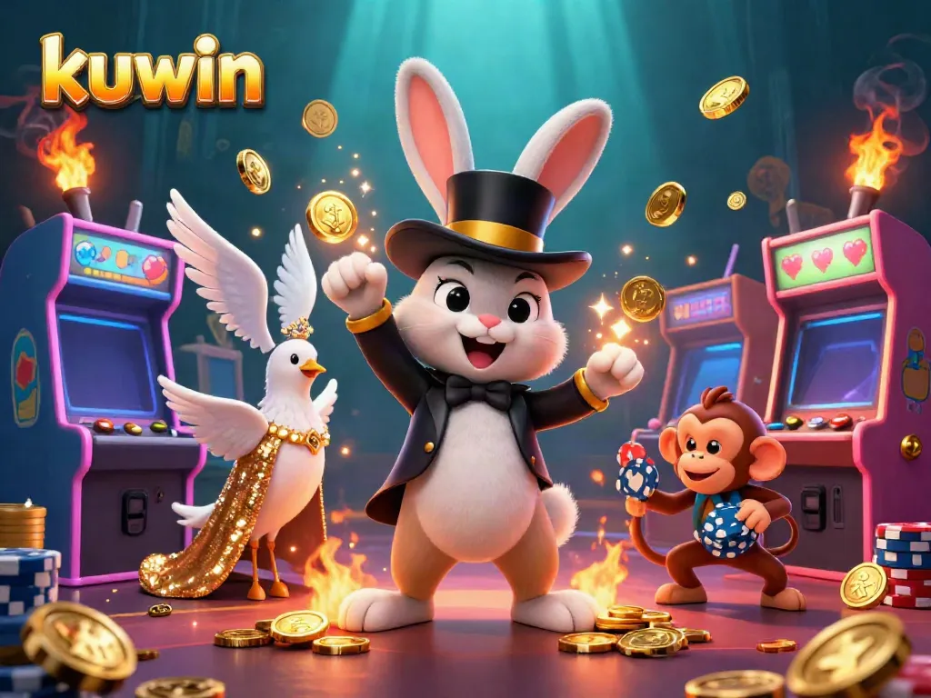 Kuwin players celebrate big wins with magical golden coins and game excitement in a vibrant casino scene.