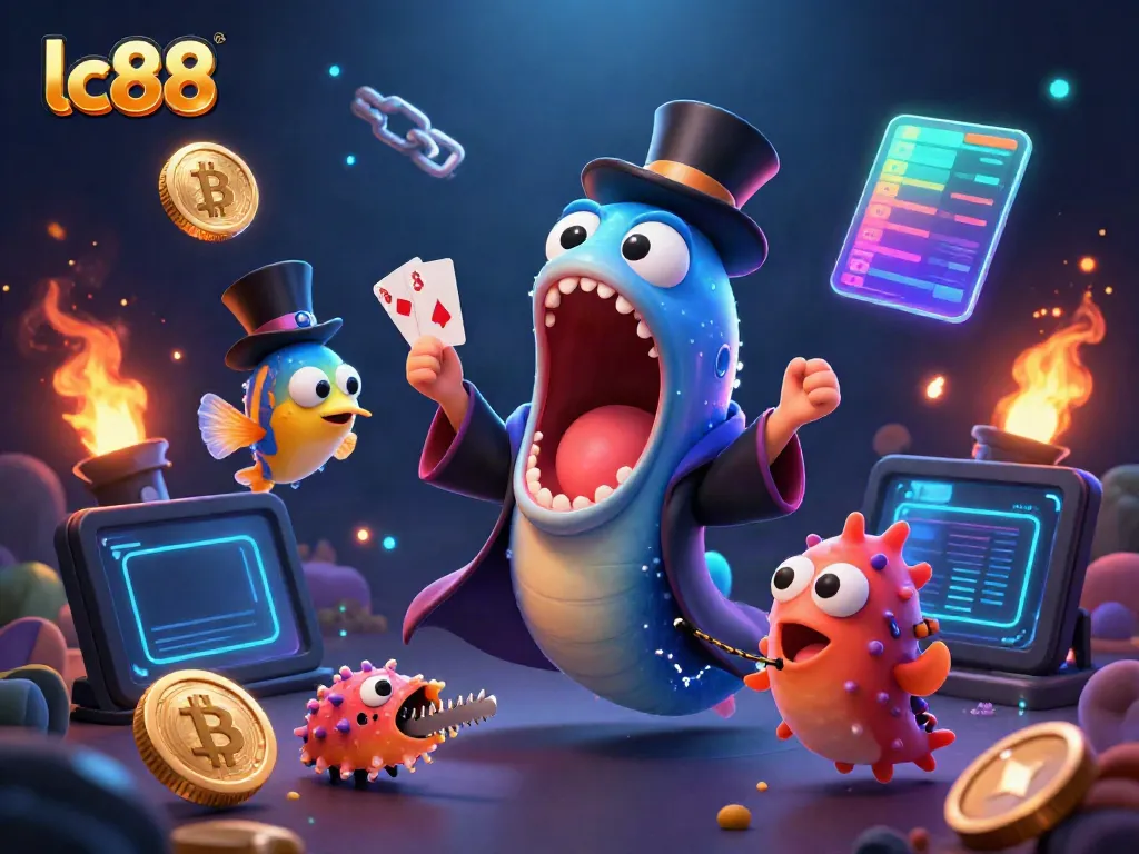 Engaging lc88 magic act featuring a gulper eel and anglerfish amid vibrant casino elements