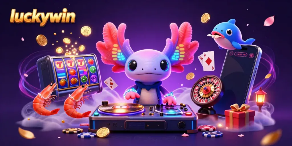 Spin to win with luckywin's vibrant casino scene featuring an axolotl DJ and lively aquatic characters.