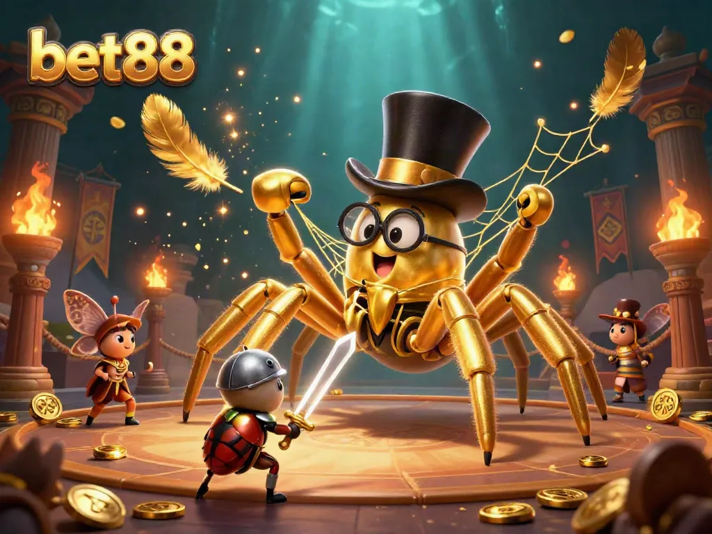 Experience the excitement of bet88 with a golden tarantula and beetle knight in a dynamic casino scene.