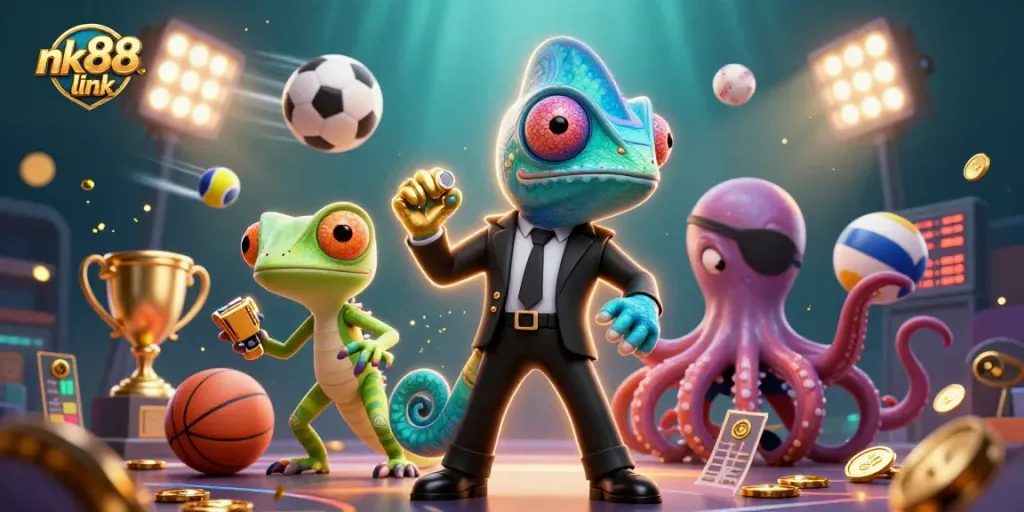 Play exciting games with nk88 link in a vibrant casino scene featuring engaging characters and lively elements.