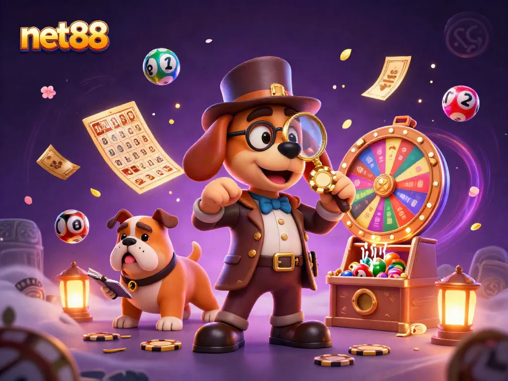 Engage in thrilling gameplay at net88 with cartoon detective uncovering casino treasures.