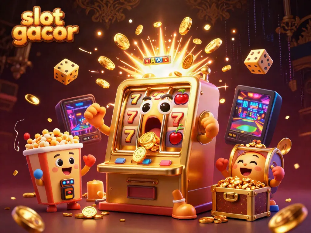 Slot gacor, mesin slot mengeluarkan koin saat jackpot, dengan mesin kecil bersorak di sekitarnya.