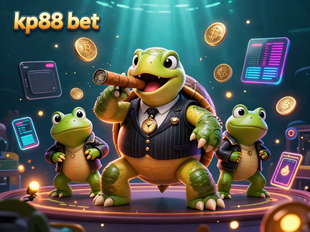 Engage with kp88 bet while exploring a vibrant 3D casino scene featuring a turtle mobster and frog enforcers.