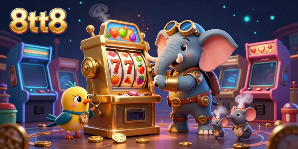 Engage with the lively 8tt8 casino scene featuring a steampunk elephant and colorful slot machine.