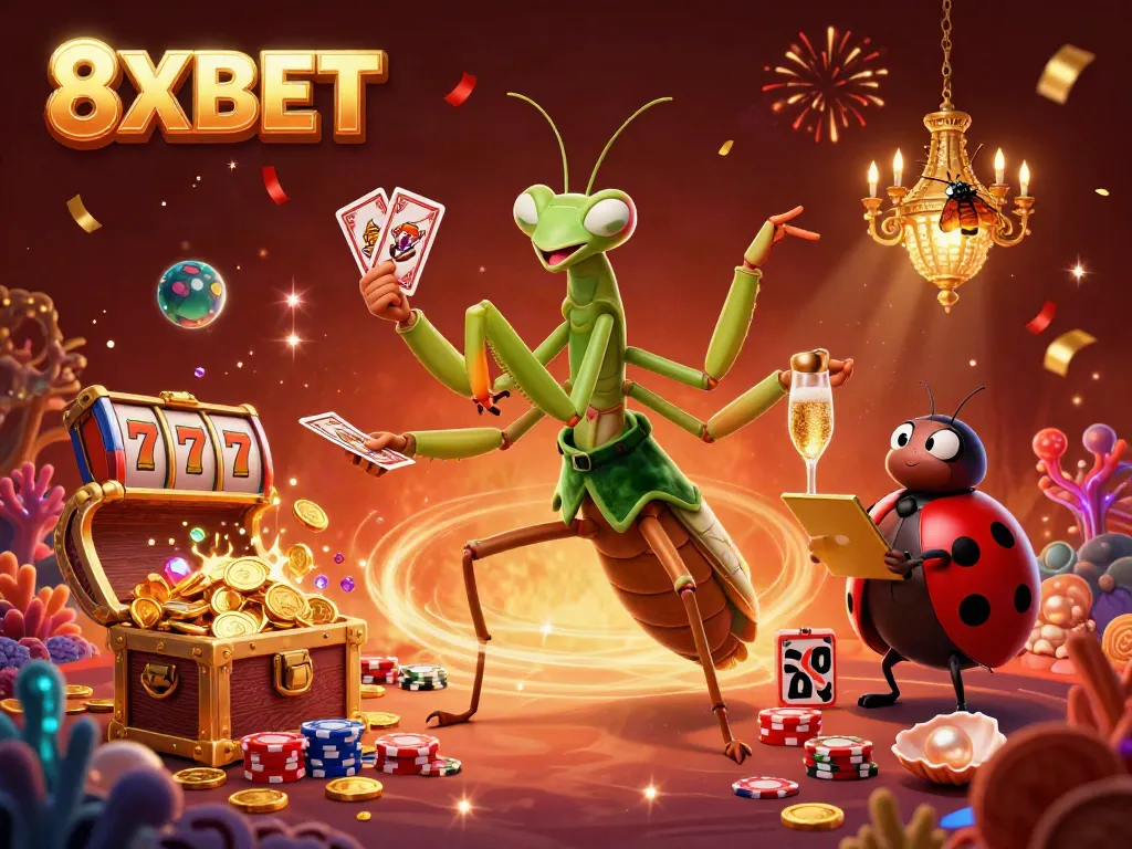 8XBET casino scene featuring a giant mantis card sharp and ladybug pit boss surrounded by treasure, slot reels, and vibrant colors.