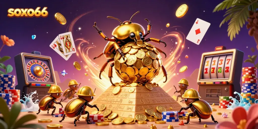 Experience the thrill of soxo66 as a golden beetle rolls coin riches in this vibrant casino scene.