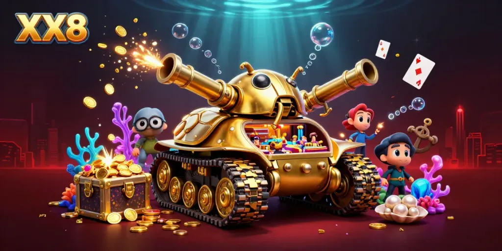Experience the excitement of XX8 in an ultra-detailed casino scene with a golden beetle tank.