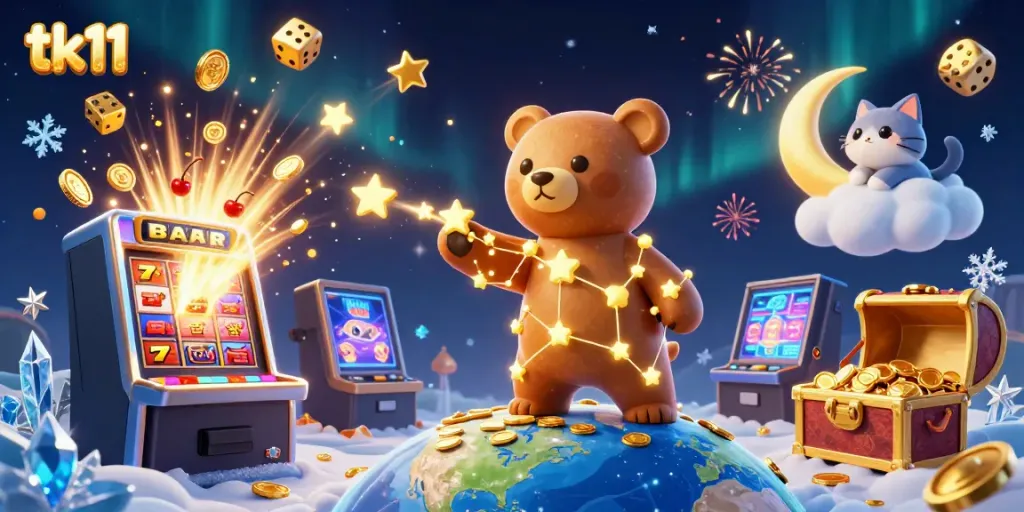 tk11 showcases a magical casino scene with constellation bear and jackpot symbols radiating excitement.