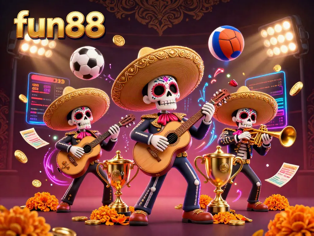 Join the fun88 parade with vibrant mariachi skeletons playing and exciting sports elements flying around.