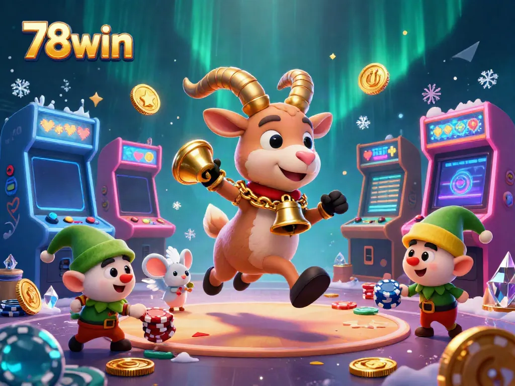 A lively holiday-horror casino scene with a Krampus goat, angel mouse, and elf gremlins, representing 78win.