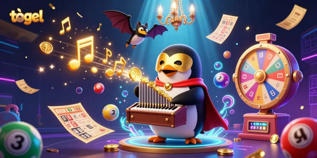 Gambarlah togel yang ramai dengan karakter penguin opera dan elemen game lotre penuh warna.