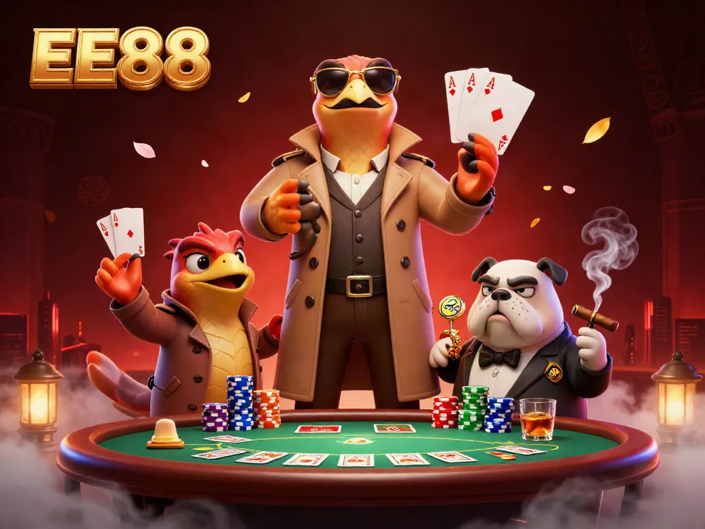 Join the raptors in a trench coat as they attempt to enter the VIP area of EE88 Casino with poker tables and colorful chips.